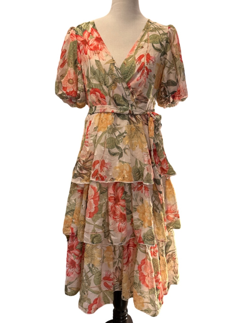Floral Tiered Midi Dress in Coral, Yellow & Green  Anthropologie size large